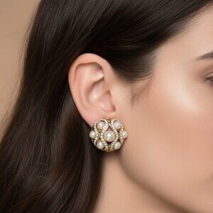 Elegant Vintage Bulgari Style Pearl & Crystal Goldtone Earrings Clip-On